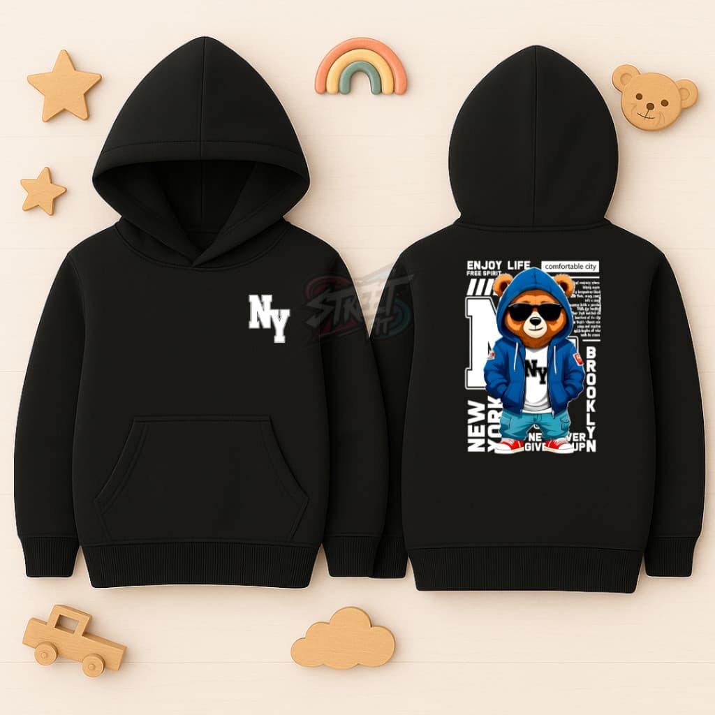 Moletom Infantil Juvenil Flanelado Urso New York Blusa de Frio com Capuz e Bolso Canguru Algodão