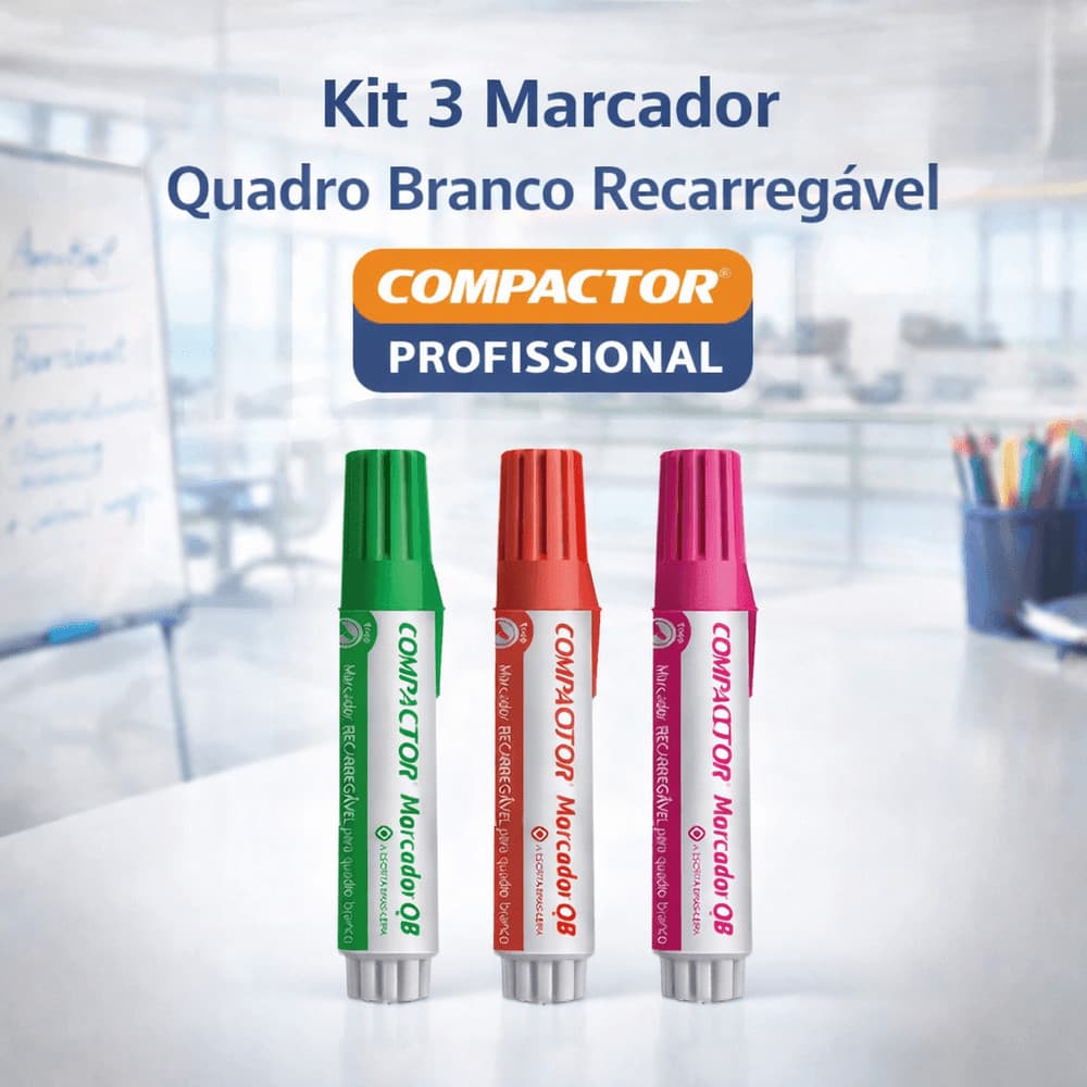 Kit 12 Marcador Quadro Branco Recarregável Compactor QB Profissional Ponta Cônica Caneta Lousa