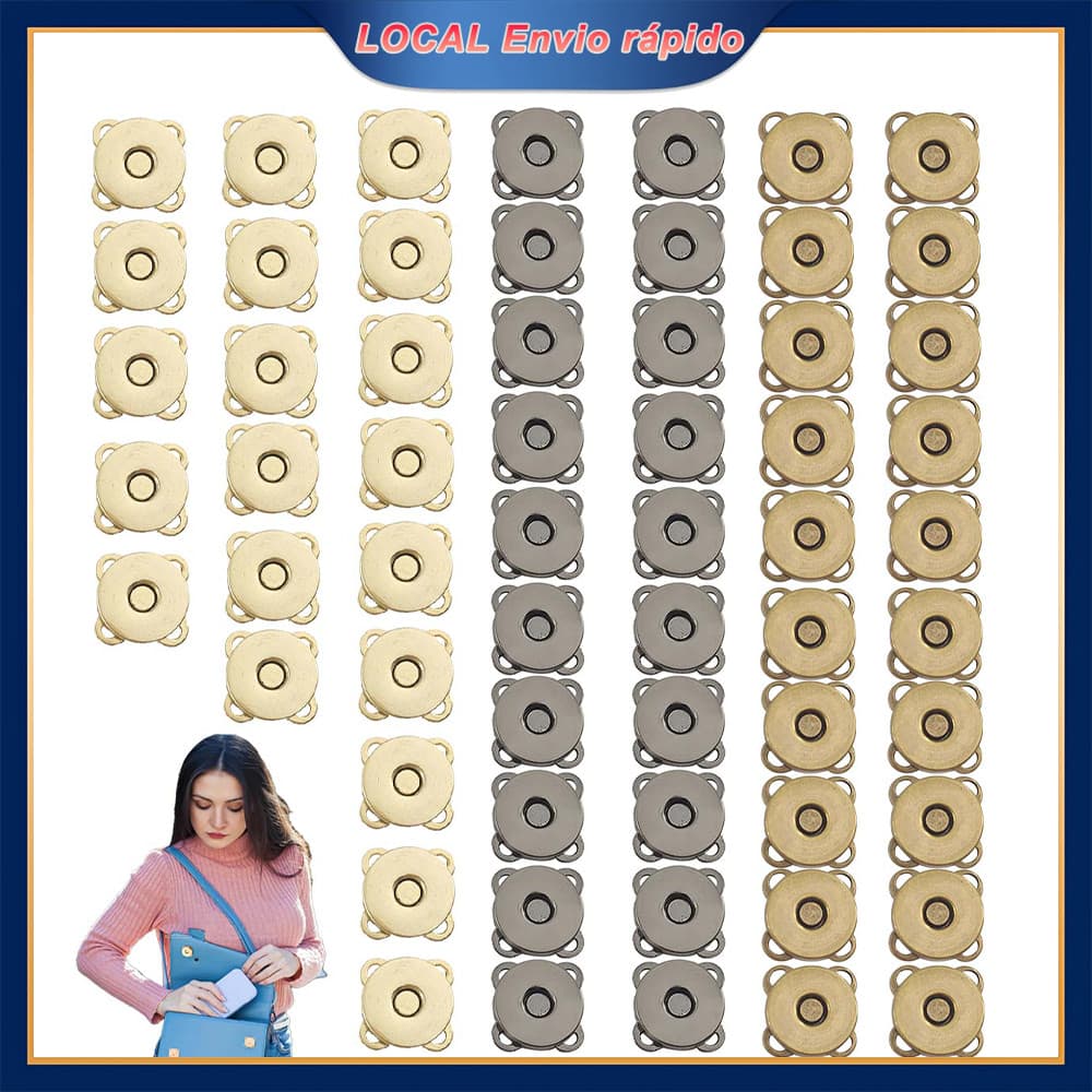 60 Peças Fechos Magnéticos 18mm Prateado - Botões de Pressão Flor de Ameixa, Multiuso p/ Carteira e Sobretudo