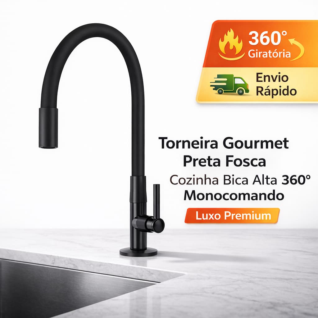 Torneira  Flexível Tubo Preto Bancada Cozinha Acabamento Premium Flexível 360 Fácil Instalação