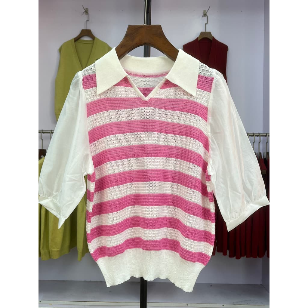 520 2025 primavera novo estilo feminino listrado camisola feminina de manga curta fina em torno do pescoço falso camisa