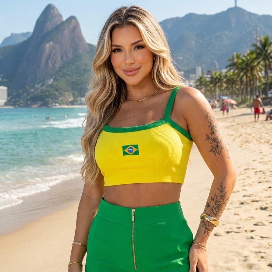 Cropped Regata Brasil Canelado Verão Copa do Mundo Praia Moda Gringa Futvolei BrasilCore Blogueira Tendencia