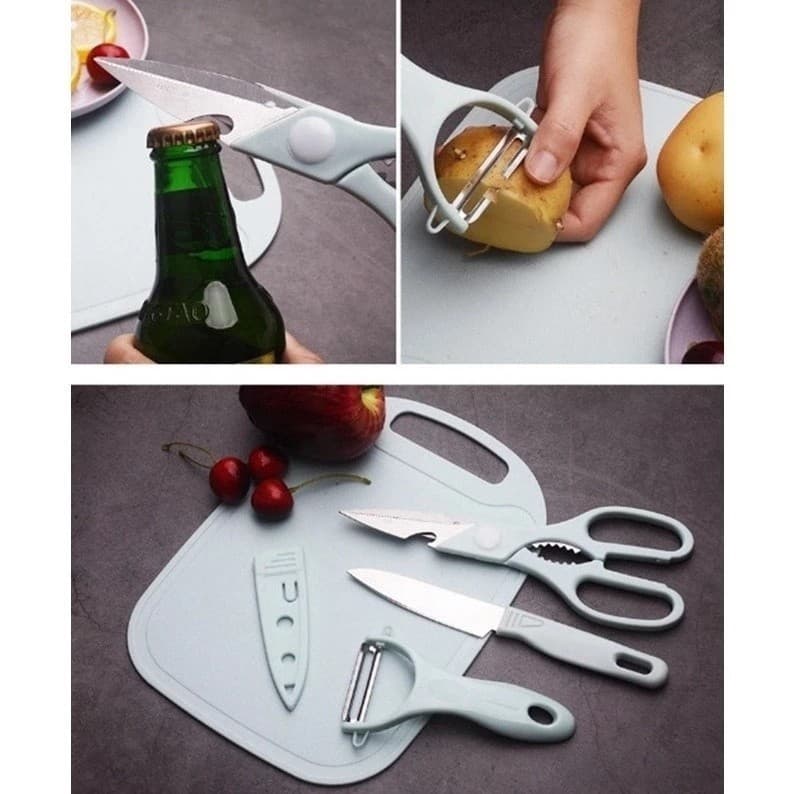 Kit Utensílios Cozinha Inox 4 Peças Tesoura Faca Cortador Descascador Tábua Corte Legumes Verduras