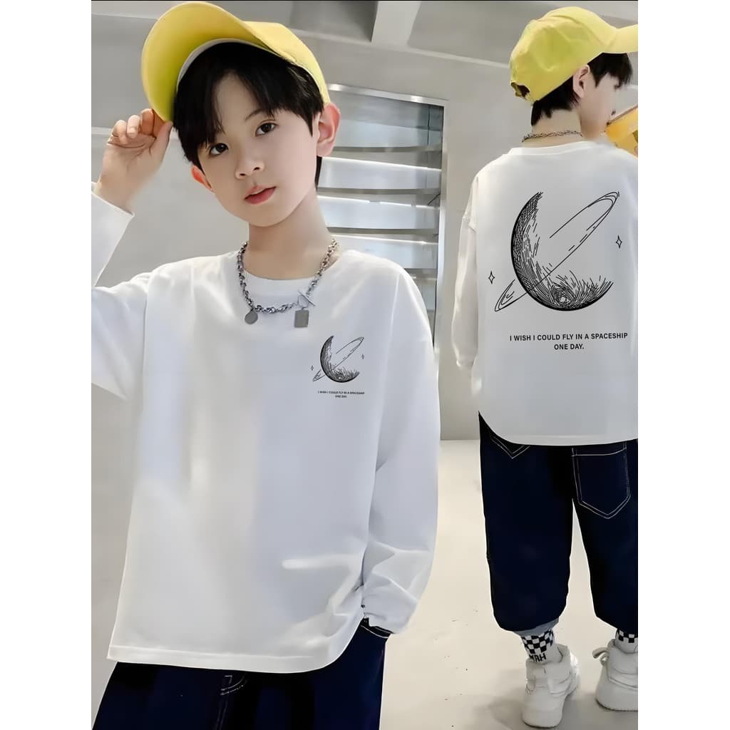 Camiseta de manga comprida para meninos de algodão puro roupas de outono 2025 novo estilo infantil médio grande meninos