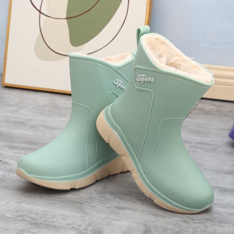 Botas de Chuva Femininas até o Meio da Panturrilha, Moda Coreana, Lã Quente, Calçados de Trabalho Impermeáveis para Adul