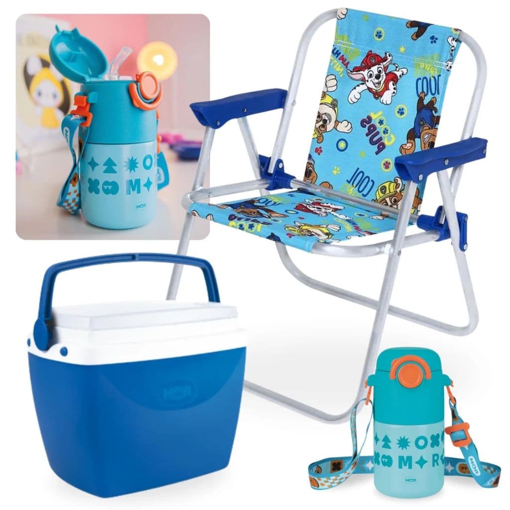 Kit Cadeira de Praia Infantil Azul Patrulha Ca Nina + Caixa Térmica 6l + Garrafinha Térmica 500ml