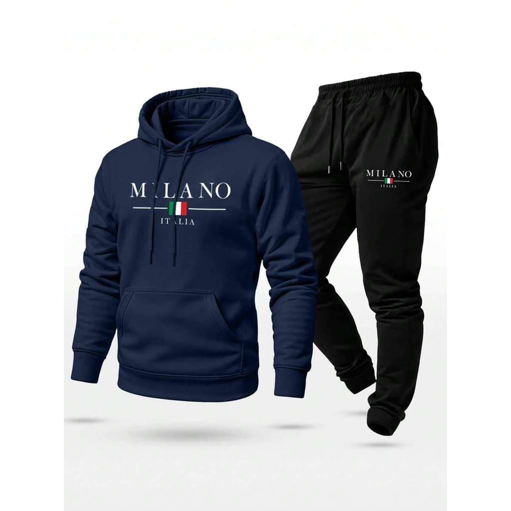 Conjunto Kit Moletom Masculino Unissex Capote Estampado Milano Calça e Blusa Com Capuz Ajustavel e Bolso Canguru