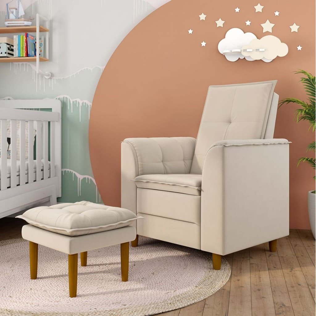 Poltrona Decorativa Amamentação Reforçada e Puff Mavie Linho