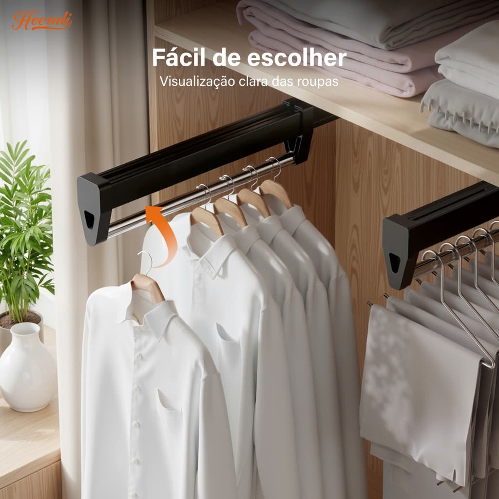 Cabide para Calças Retrátil Extensível Organizador de Guarda Roupa com Trilho Heemli