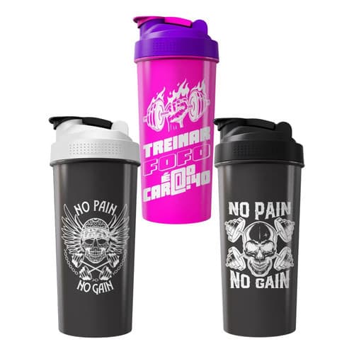 Coqueteleiras Shaker 600ml Academia Casal Fitness Agua Kit 3 Preta/fumê/rosa