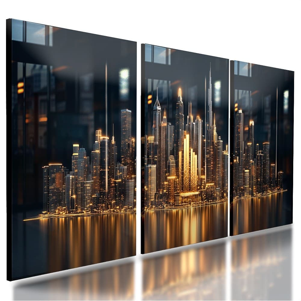 Quadro Decorativo Paisagem Cidade Noite Dubai Moderno Luxo Para Sala Quarto Sala 3 Peças