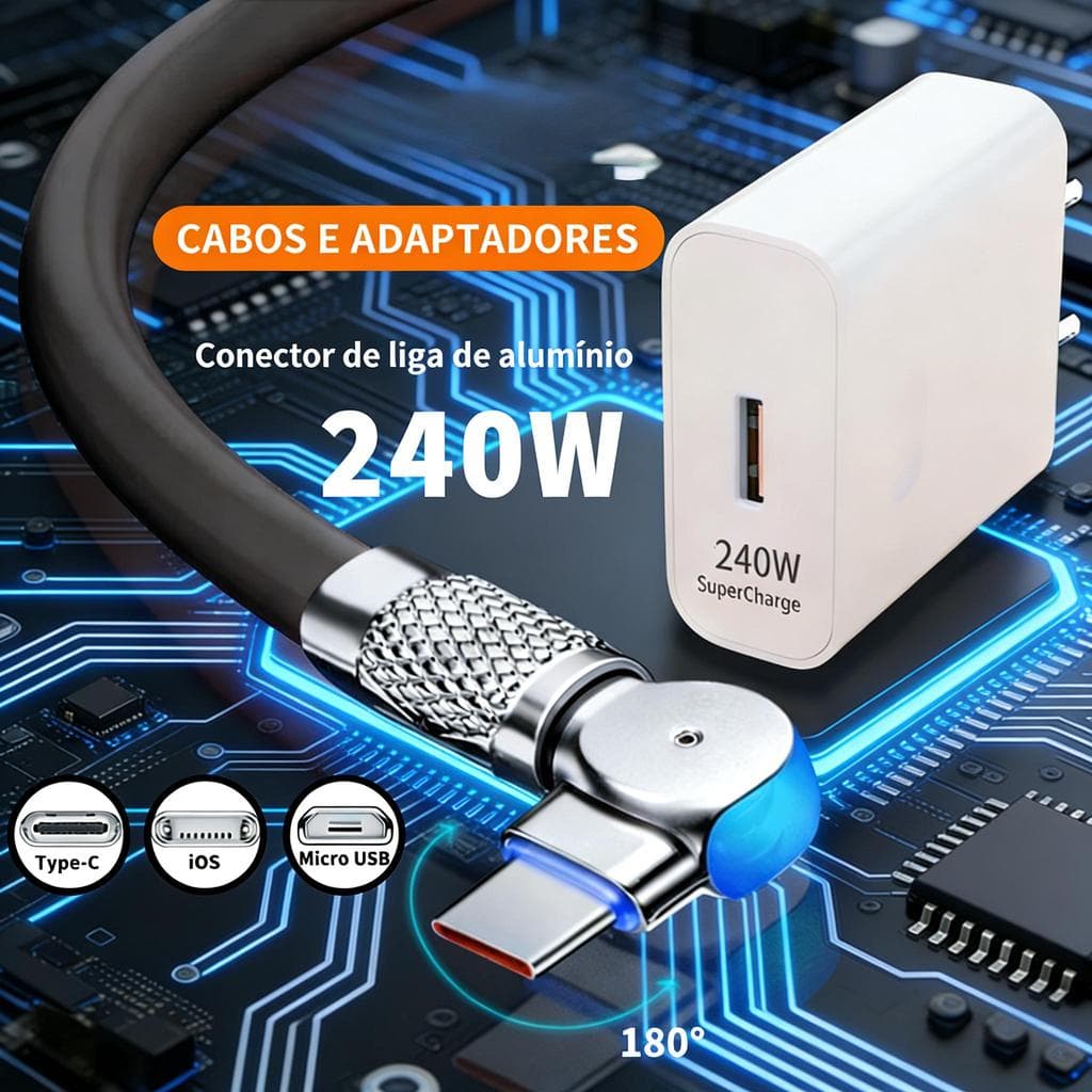 Carregador Super Rápido De 240 W Com 180 ° Cabo De Carregamento De Rotação Para Cabos Giratórios Tipo C Micro USB iOS Do