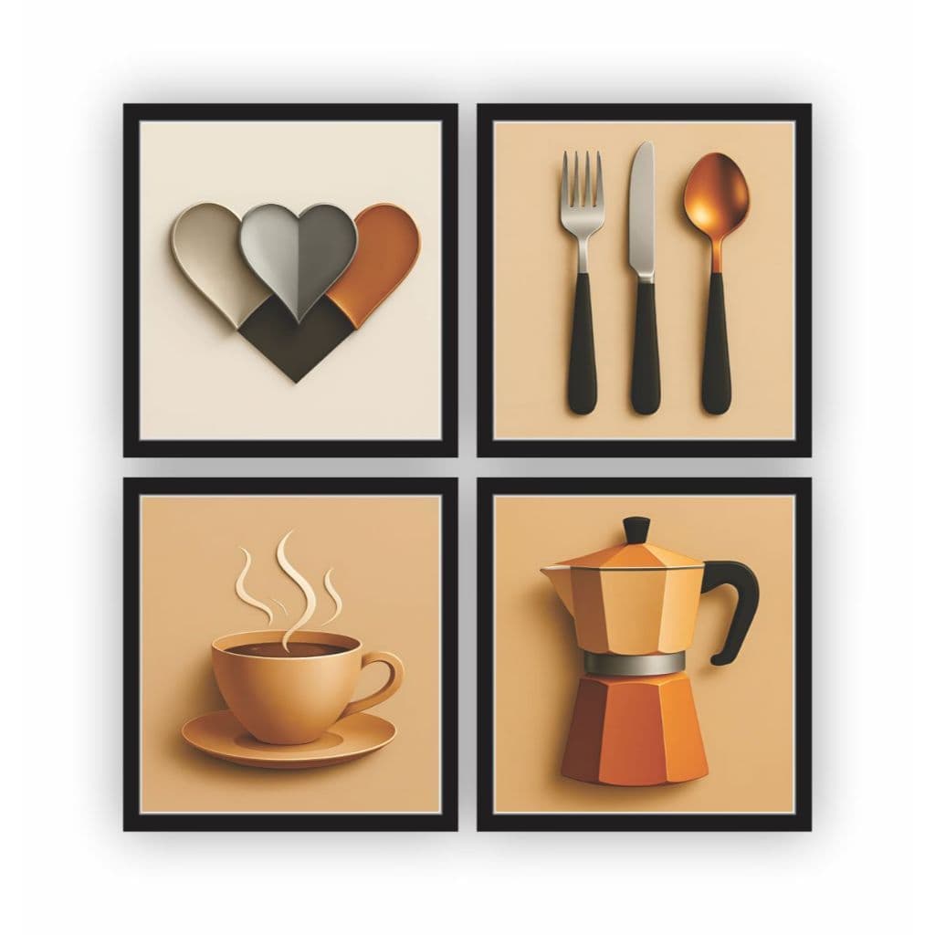 Kit 4 Quadros Decorativos Café Xícara Cozinha Cantina Copa 18x18