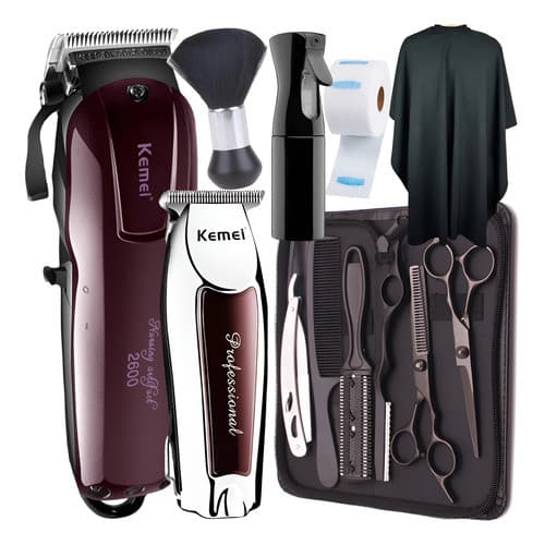 Kit Barbeiro Kemei KM-2600 KM-9163 Máquina Corte Acabamento Tesouras Com Acessorio Completo Para inicinates em Barbearia