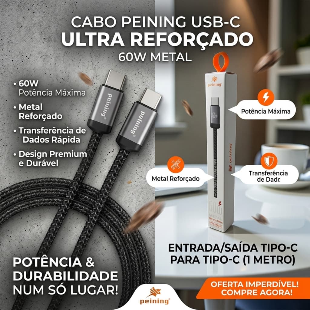 Cabo Carregador Tipo-C 60W Turbo Metal Reforçado 1m Preto