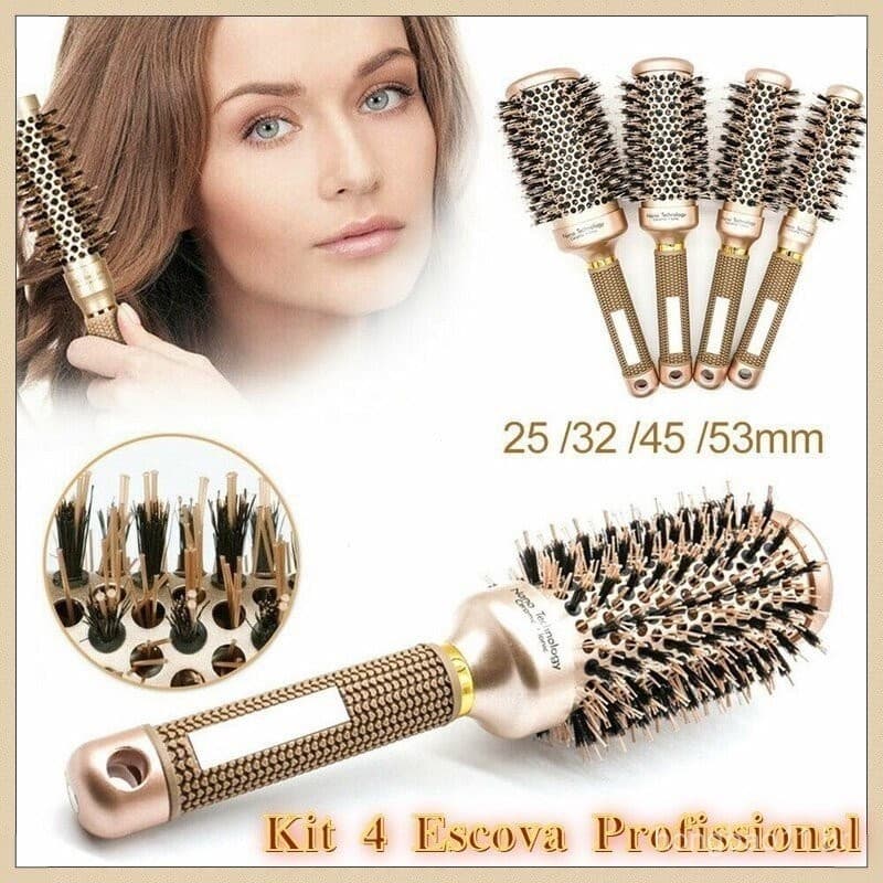 (4 cores) Kit 4 Escova Profissional Redonda De Cerâmica / Anti-Derrapante / Escova De Cabelo Dourada /escova de cabelo