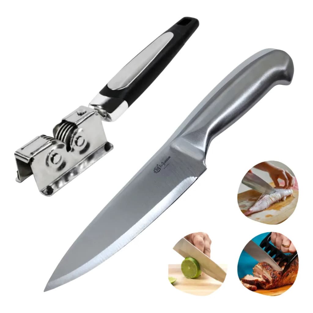 Kit Chef Faca Peixeira e amolador Aço Inox