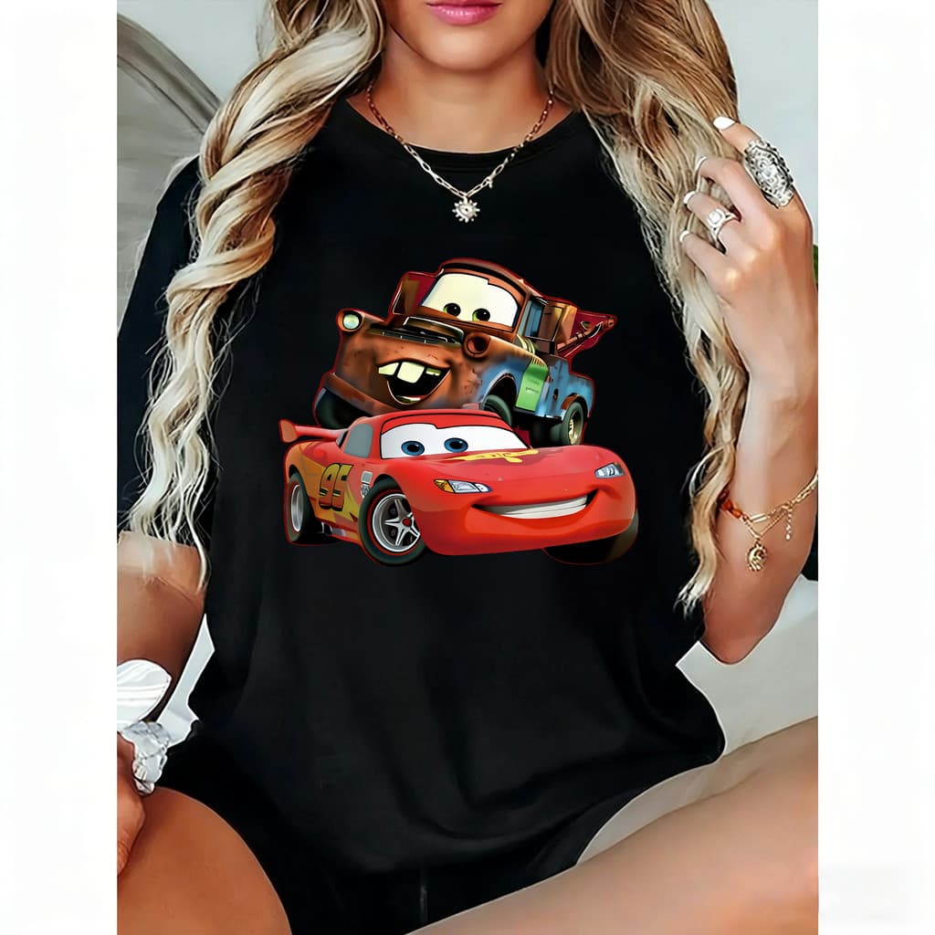 Camiseta Feminina Carros Pixar Mater e Lightning McQueen Coruja Moderna Fofa Tendência.