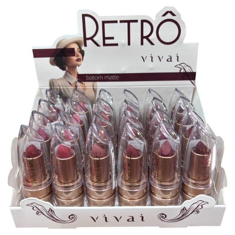 Box C/24 Pcs Batom Matte Retrô Vivai Alta Pigmentação, Longa Duração e Acabamento Aveludado 3242.1.1