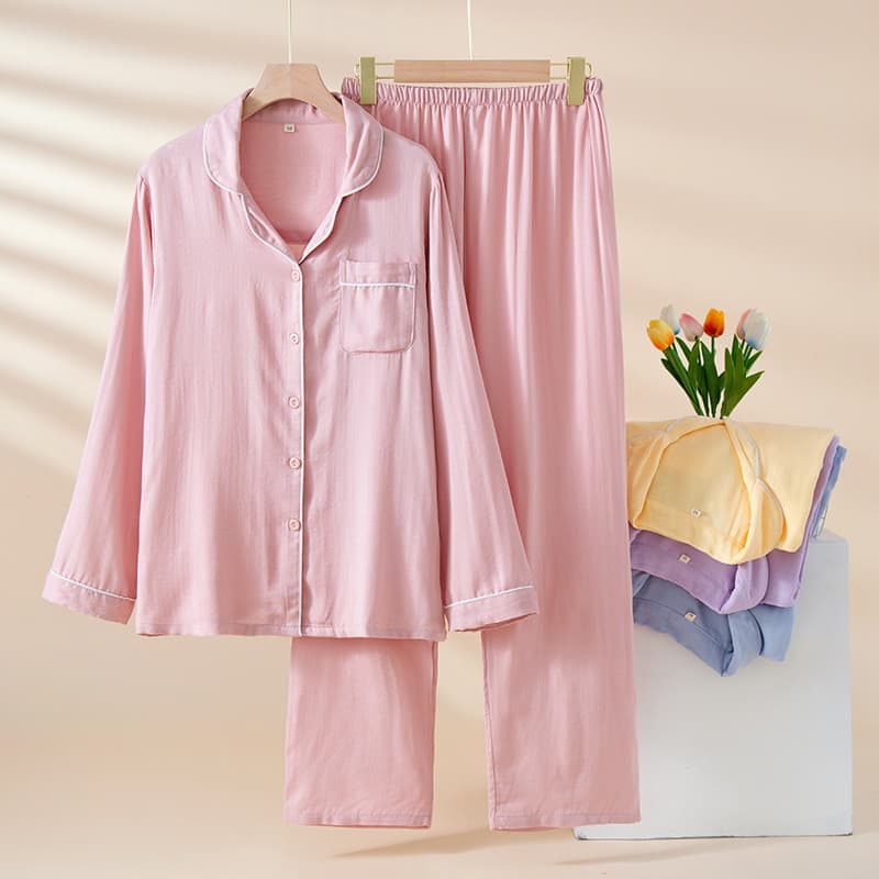 Pijama de lapela de algodão de fibra de bambu feminino calças de manga comprida conjunto de casa senhoras sentir roupas