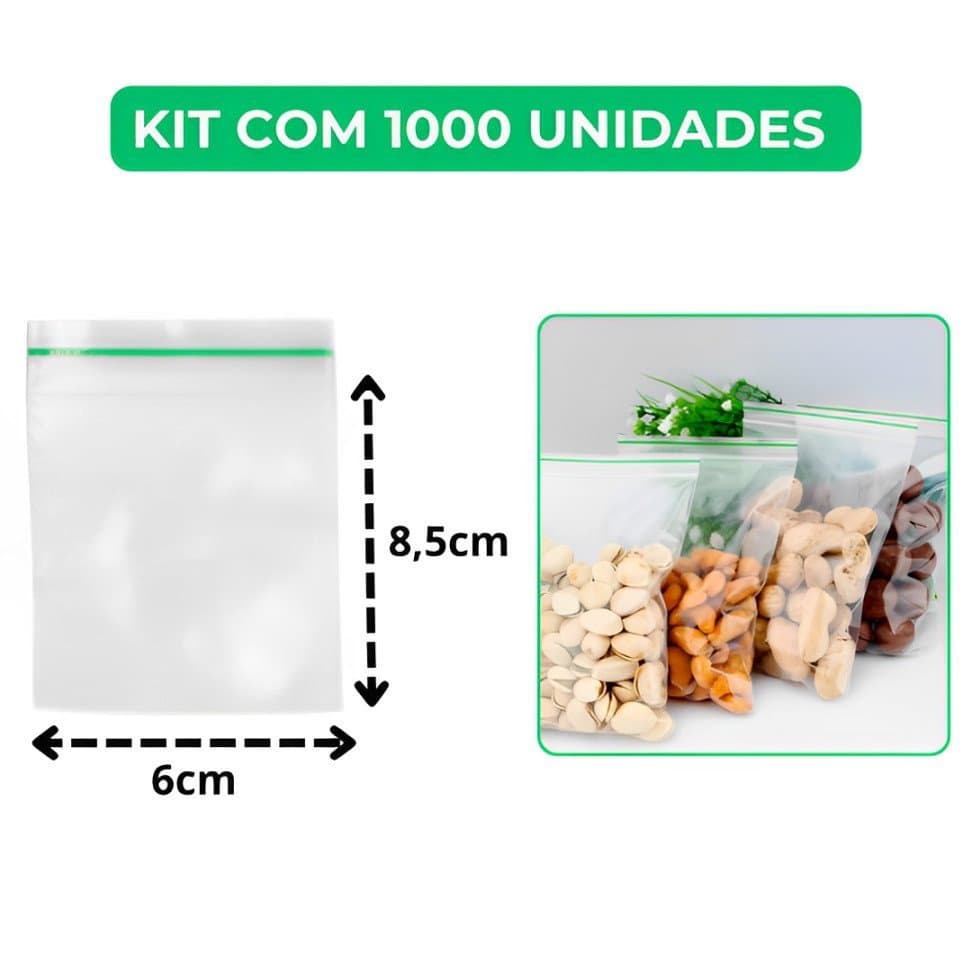Saco Zip 6x8,5cm Embalagem 1000 Unidades N2 Geladeira Hermético Abre E Fecha Saquinho Plástico