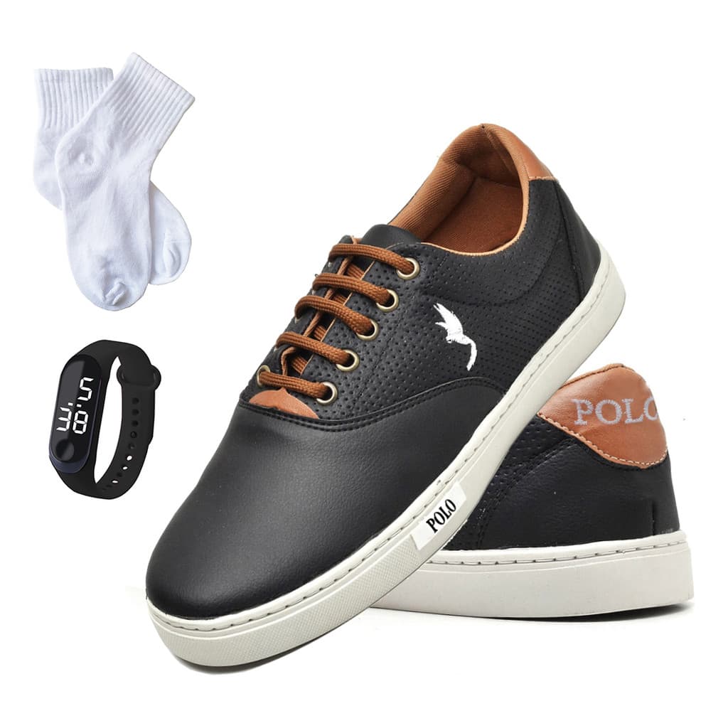 Kit Sapatênis Infantil Masculino em Sintético Escolar Dia a Dia + Relógio Digital + Meia do 27 ao 36