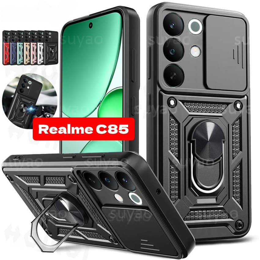 Para Capa de Telefone Realme C85 5G 2025 Suporte de Anel Capa RealmeC85 Pro C85Pro Proteção de Lente Deslizante Armadura