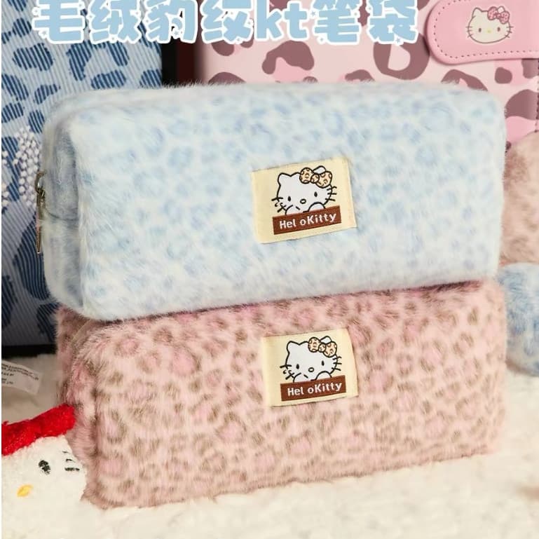 Estojo De Lápis De Grande Capacidade Caixa Gato Fofo Com Estampa De Leopardo De Papelaria De Pelúcia Bolsa De Cosméticos