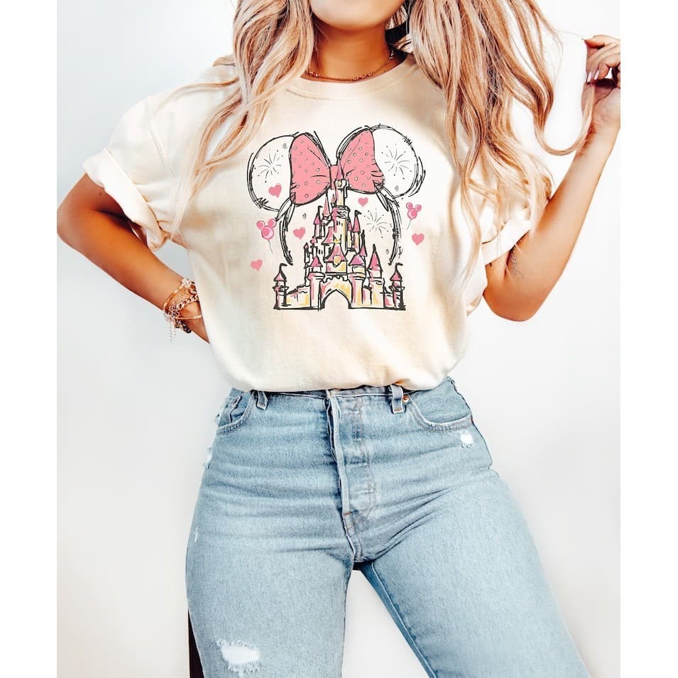Camiseta Feminina Disney Minnie Mouse CastleCasual Blusa Unissex Streetwear 2025 Novo