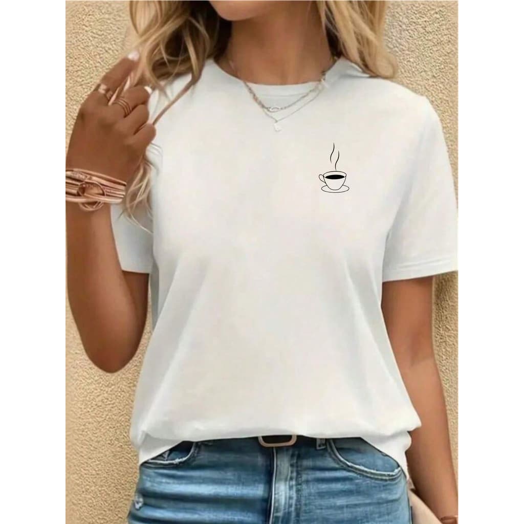 Camiseta Feminina Minimalista Cafe Camisa 100% Algodão Lançamento Toop Casual Blusa Streetwear