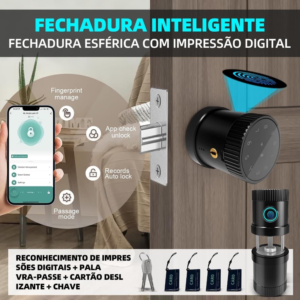Fechadura Inteligente Digital , impress¤o Digital, Senha, APPCartäo.20 Users. Aluminio，Tuya APP Desbloquear