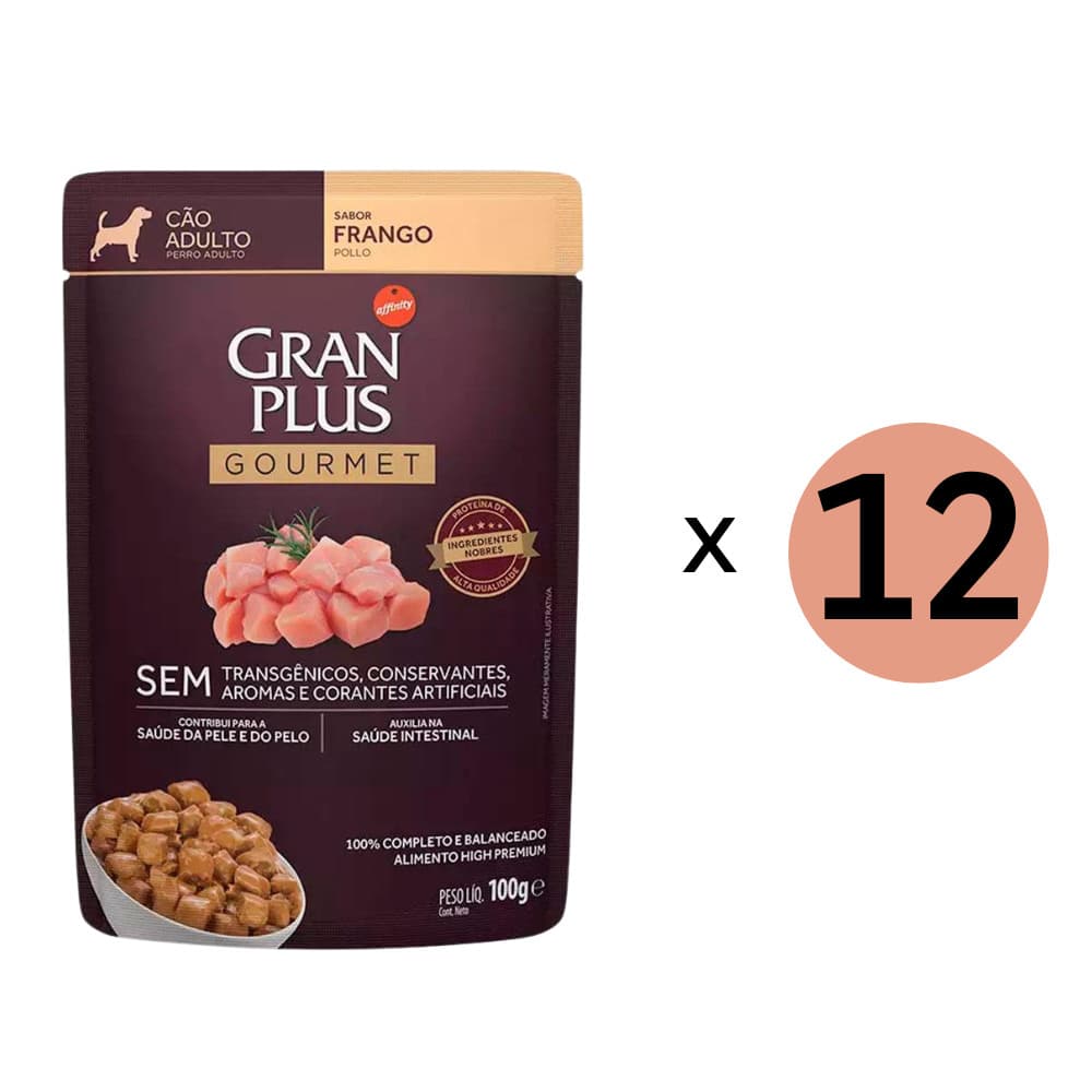 Kit 12 Ração Úmida Gran Plus Gourmet Cães Adultos Frango Sachê 100Gr