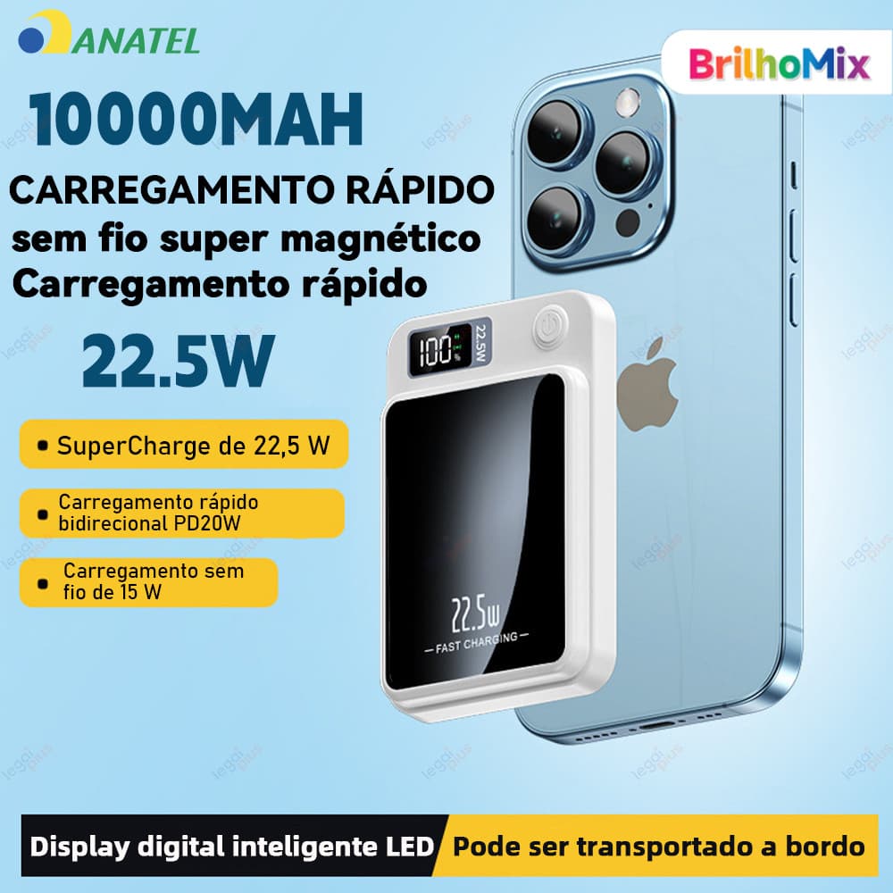 Carregador Portátil MagSafe 10000mAh com Display, Bateria Externa para iPhone e Android com Indução Rápida