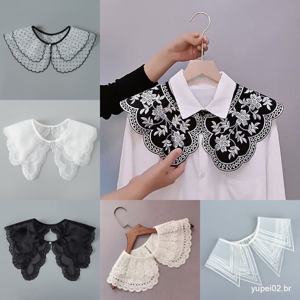 EA & Moda Feminina Gola Falsa Xale Blusa Destacável Decoração Renda Romântica Flor Bordado Multicamadas Camisa .