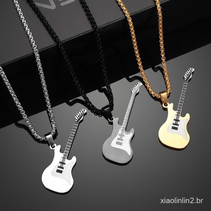 Colar de pingente de guitarra punk hip-hop de moda masculina em aço inoxidável retrô, acessórios de joias