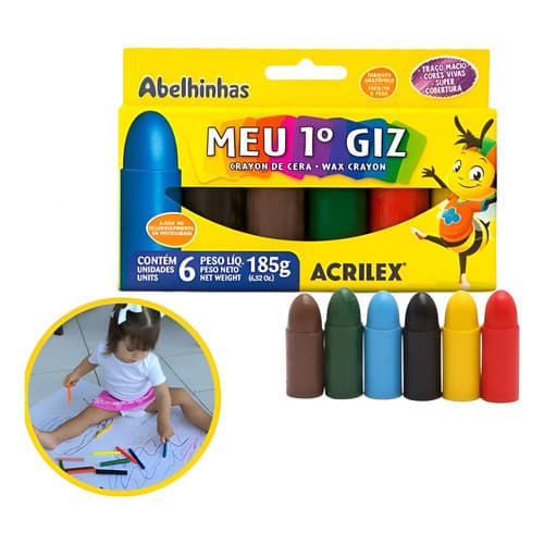Meu Primeiro Giz Acrílex Perfeito Para Bebê Criança 6 Cores - Colorido