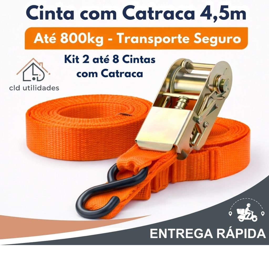 Cinta Para Amarração com Catraca Kit com 2, 4 ou 8un Para transporte Amarração com gancho 4,5 metros cada