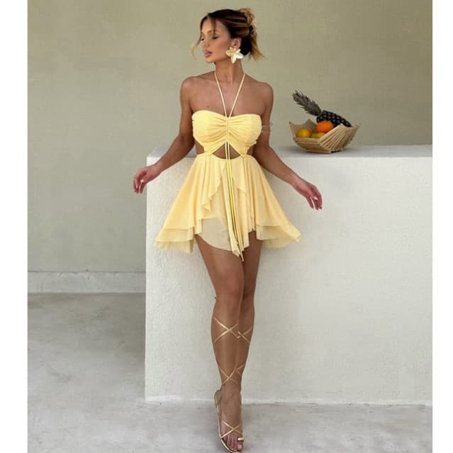 Vestido Macaquinho Feminino Tule Premium com Caimento Leve e Fluido Detalhes Drapeados Frontais Amarração no Pescoço