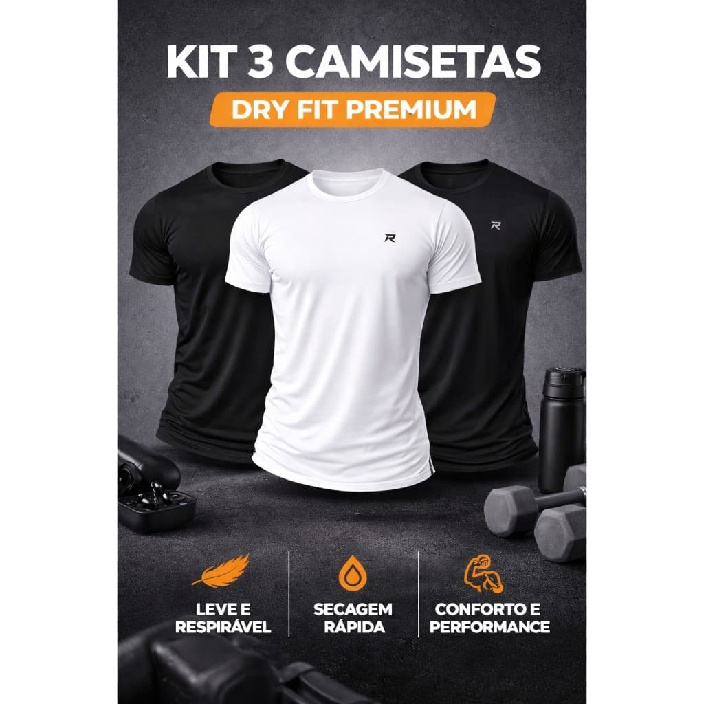 Kit 3 Camisetas Dryfit Masculinas Academia, Anti Odor, Leve, Fresca, Branca, Preta