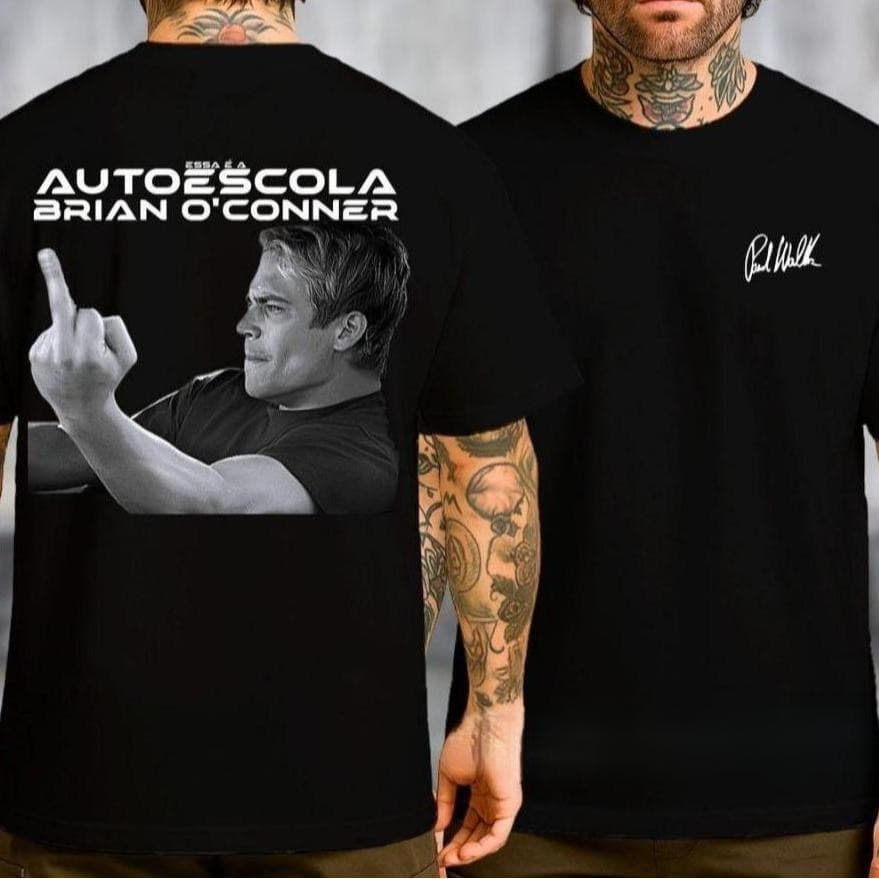 Camiseta Unissex Oversized Plus Size Feminina Masculina Estampa Autoescola Brian O'Conner e Assinatura Paul Walker