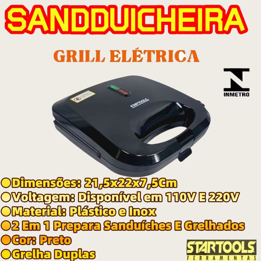Sanduicheira Grill Elétrica Grelha Duplas 220 Ou 110V 750W 2 Em 1 Sanduíches E Grelhados 21,5x22x7,5