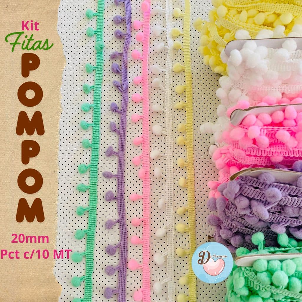 Kit Fita Pompom 20mm 10 Metros Coloridas – Ideal para Artesanato, Laços e Decoração