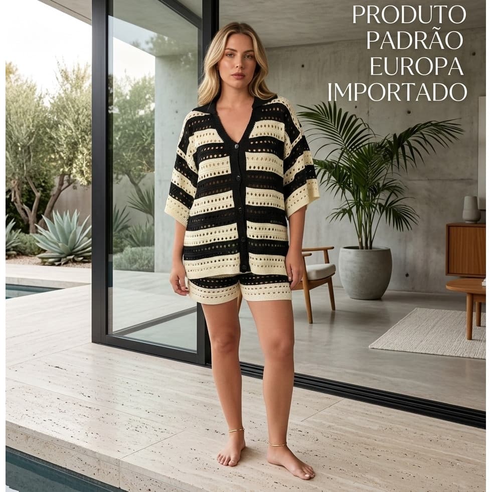 Conjunto Crochê Listrado Padrao Europa Camisa Polo Oversized com Botão + Short Forro duplo