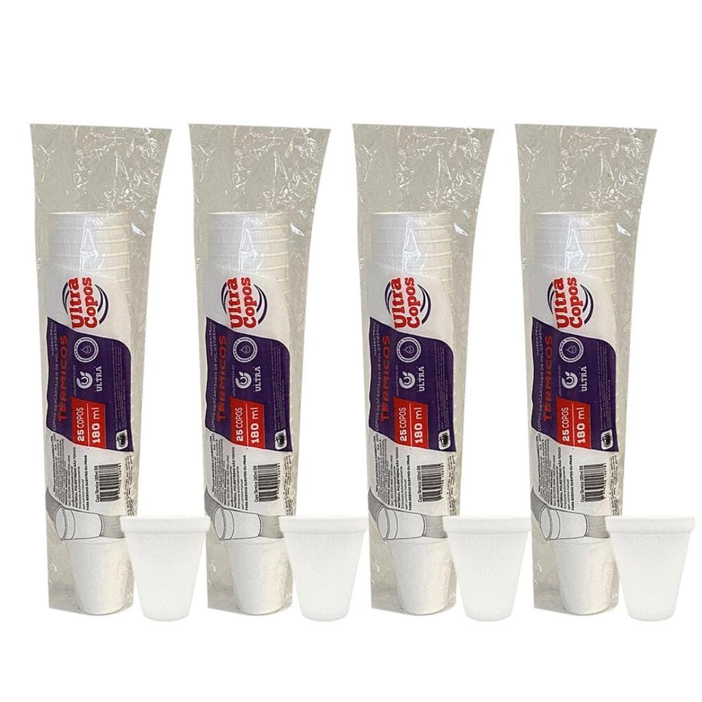 Kit com 4 Pacotes de Copo de Isopor Térmico Ultra 180ml com 25 Unidades cada
