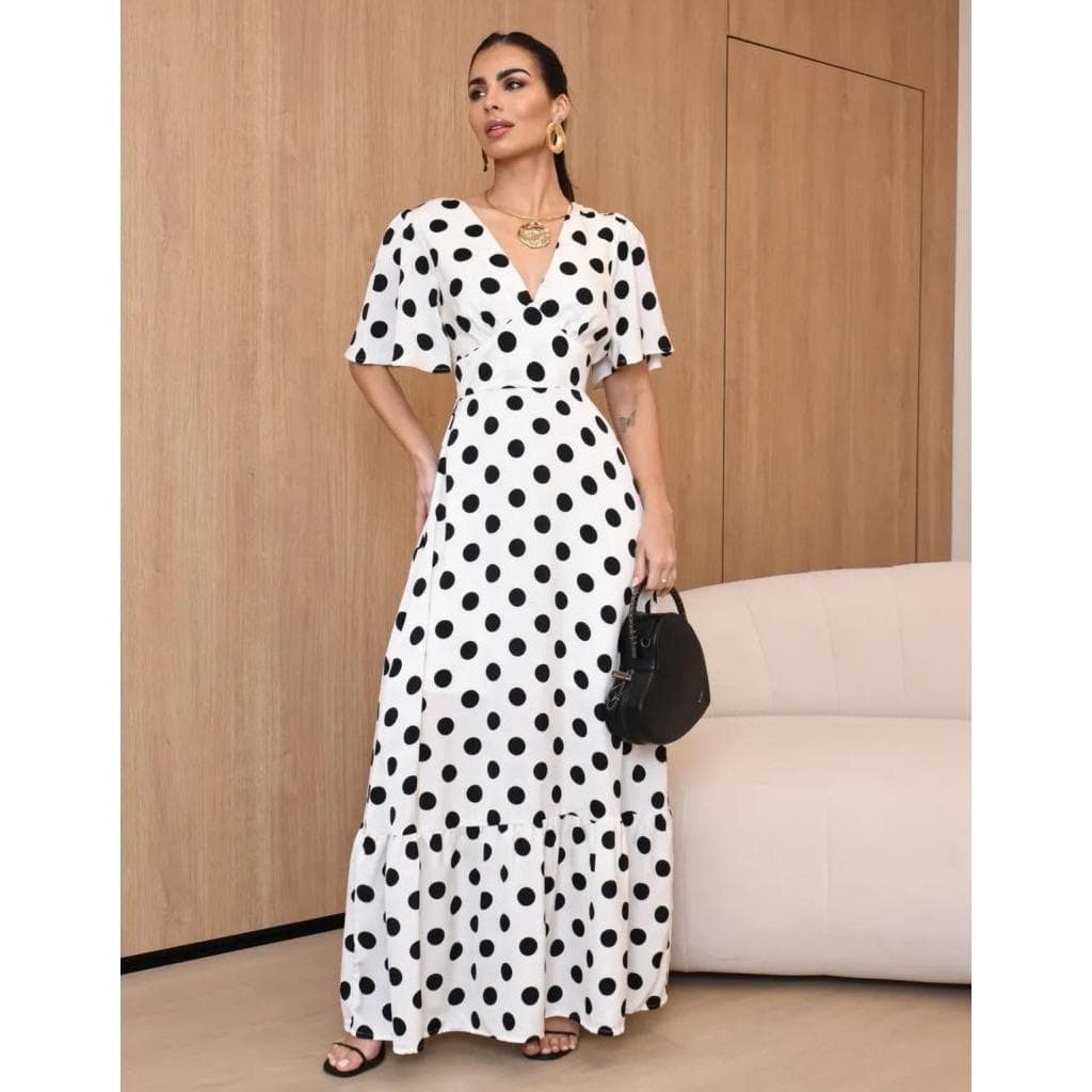 Vestido Feminino Longo Soltinho Manga Flare Póa Bolinhas Casual Elegante