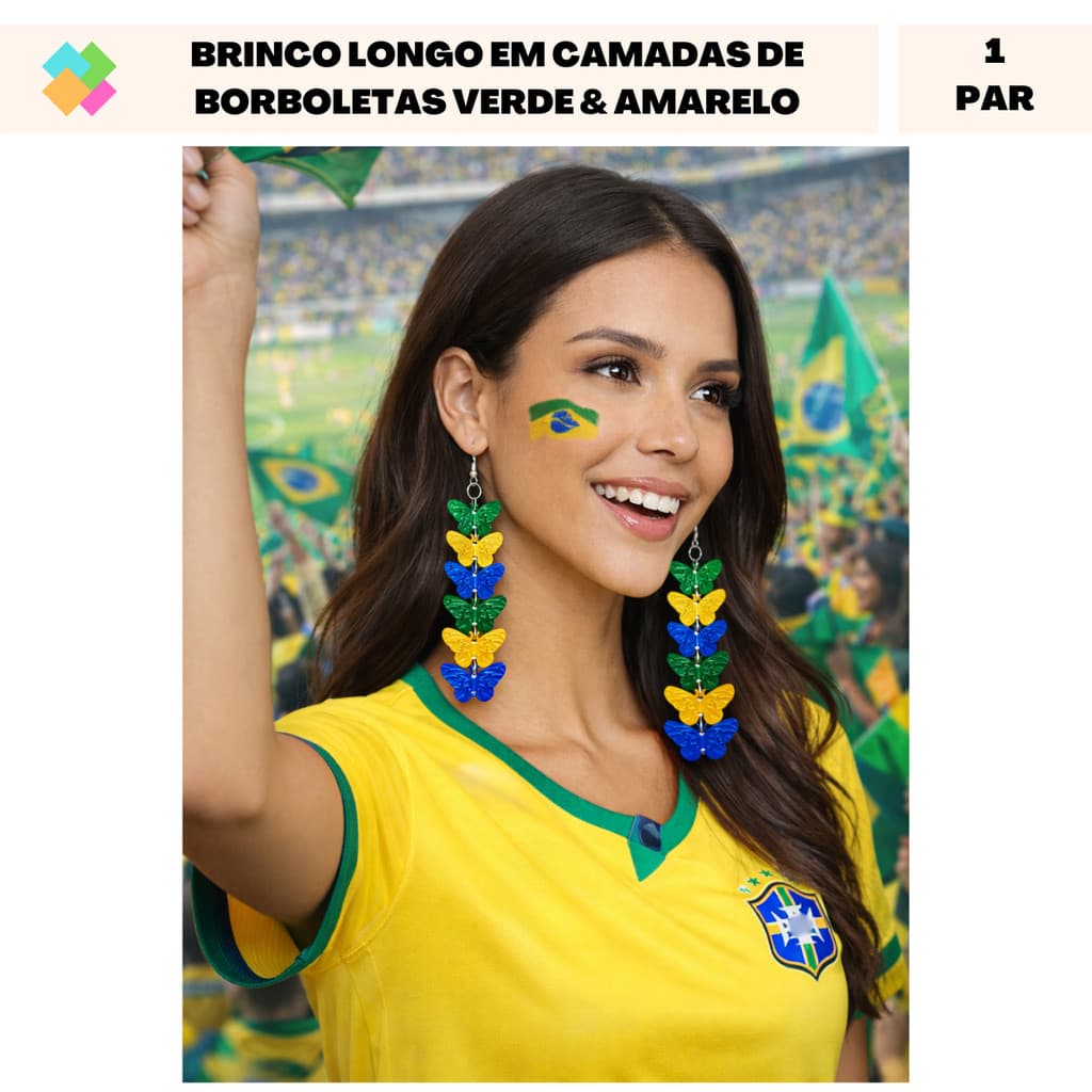 Brinco Feminino Longo em Camadas de Borboletas Brasil Torcida Fashion (1 Par)