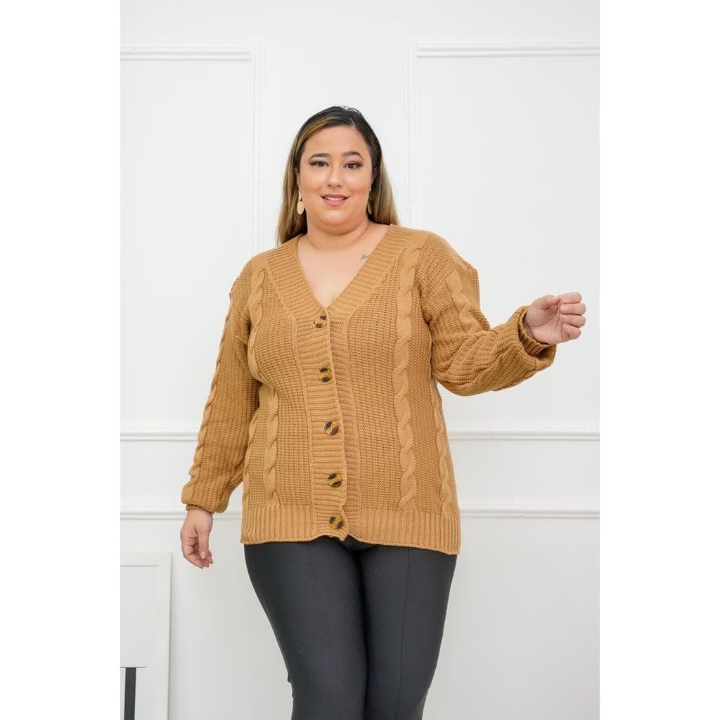 Cardigan de Tricot Feminino Trançado com Botões – Elegância e Conforto Plus Size