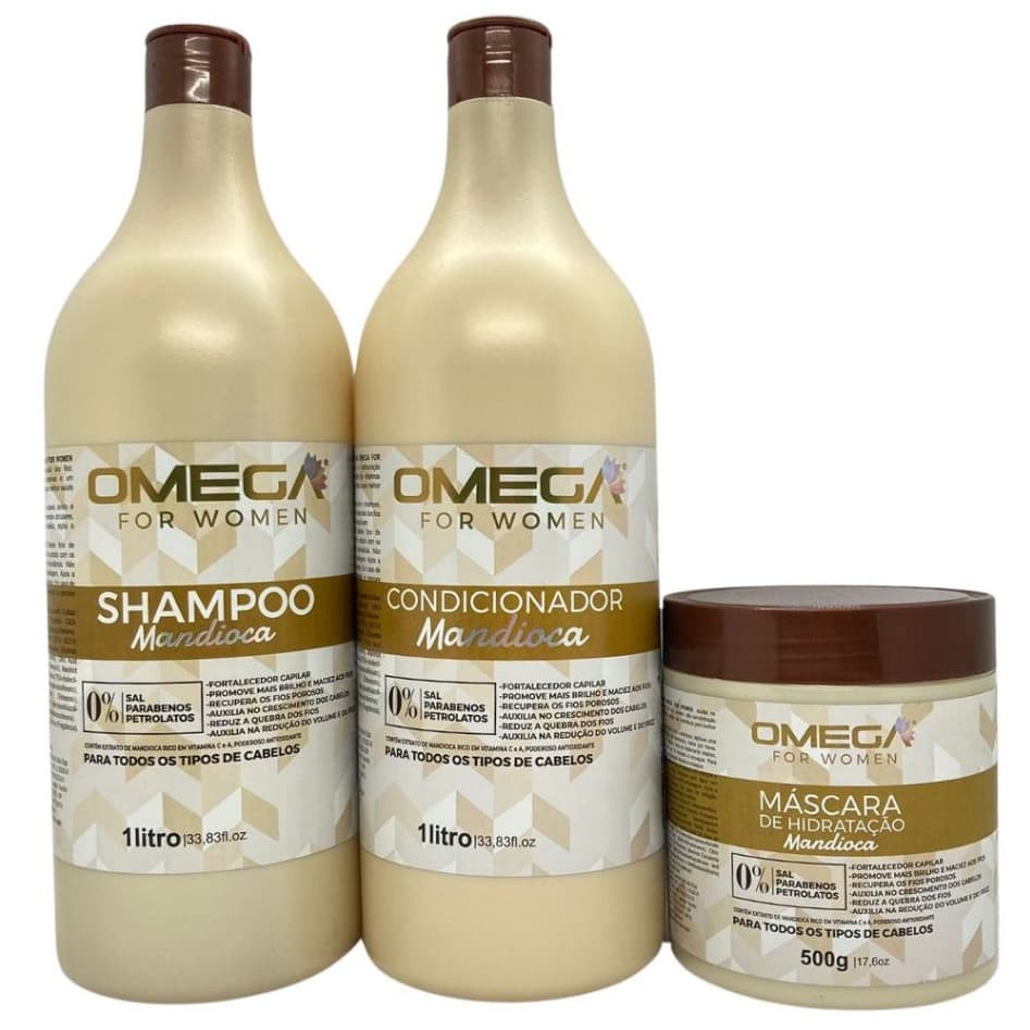 Kit Capilar PROMOCIONAL Mandioca Shampoo Condicionador 1L e Mascara 500g Omega Hair FULL