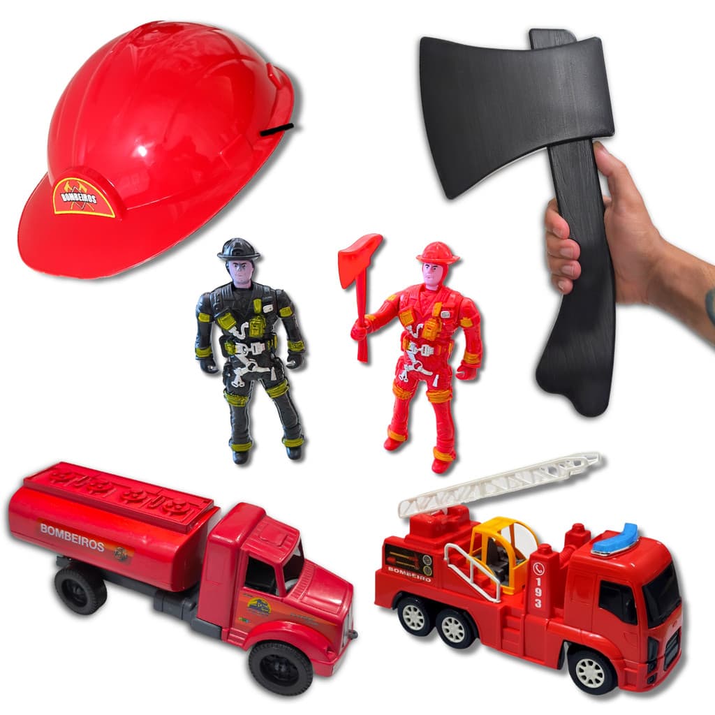 Kit bombeiro brinquedo boneco caminhão pipa machado capacete Resgate Infantil escada