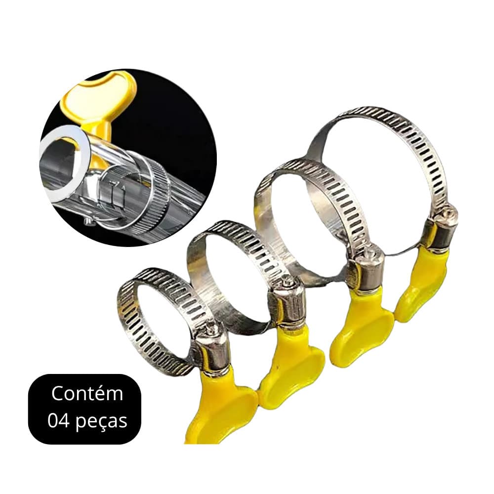 Kit com 04 Abraçadeiras de Metal Ajustáveis com Borboleta Plástica para Mangueira , Cano e Jardim.